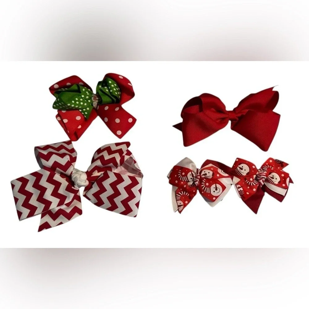Girls Christmas Hair Bows Handmade Holiday Snowman Santa Claus Red